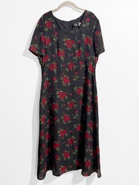 Vintage Sag Harbor Black Red Rose Floral Maxi Dress 14 Whimsigoth 90s